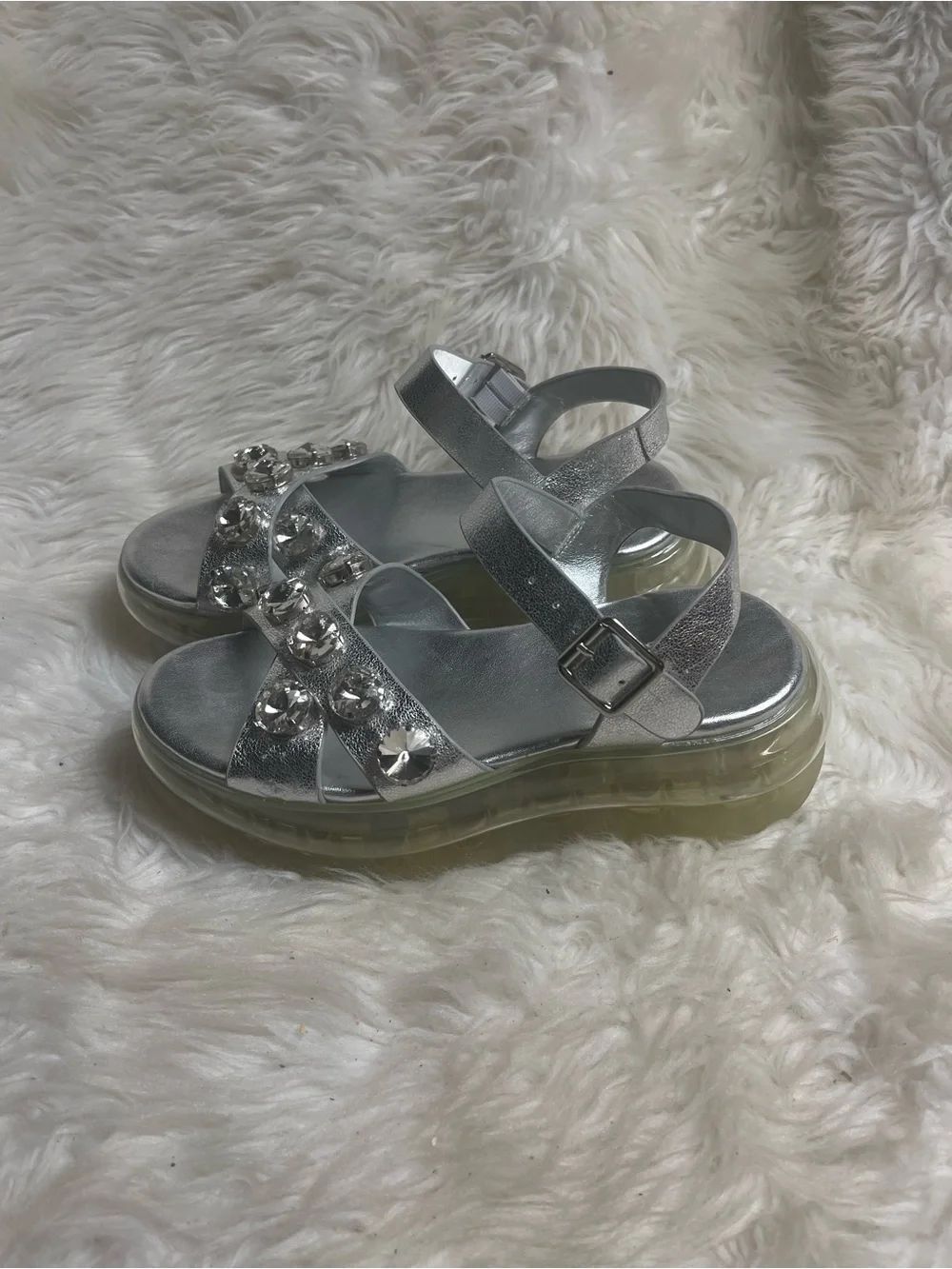 Jeffrey Campbell synthetic metallic silver Gem accent Platform strap sandals SZ8